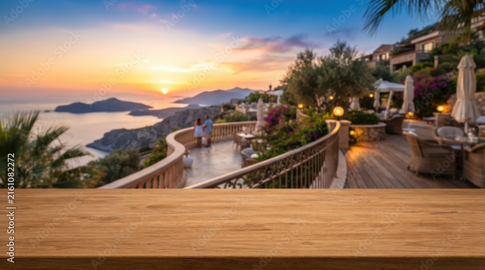 Fototapeta premium Striking empty wooden tabletop for product presentation over a blurred modern outdoor setting, perfect for mockup backdrop, branding, and marketing campaigns with natural lighting appeal