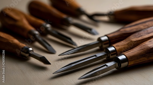 A collection of wooden handled carving tools arranged neatly on a light wood surface under soft warm lighting