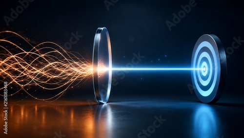 Precision Laser Beam Focused Through Lens Hitting Bullseye Target for Business Success Concept