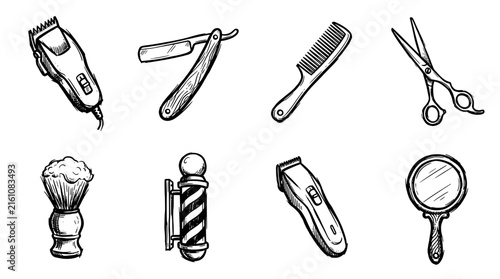 Barbershop icon set in a hand-drawn sketch style including hair clipper, straight razor, comb, scissors, shaving brush, barber pole and mirror.