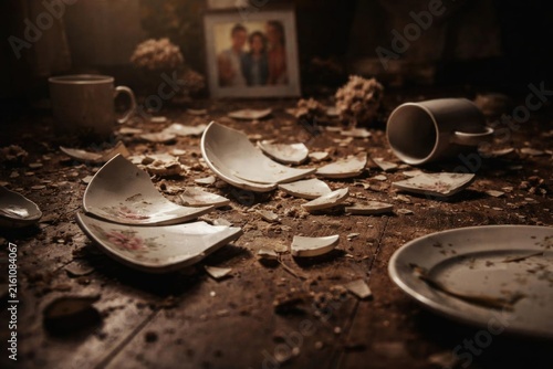 Shattered Dishes and Broken Cups on a Wooden Floor with Soft Light