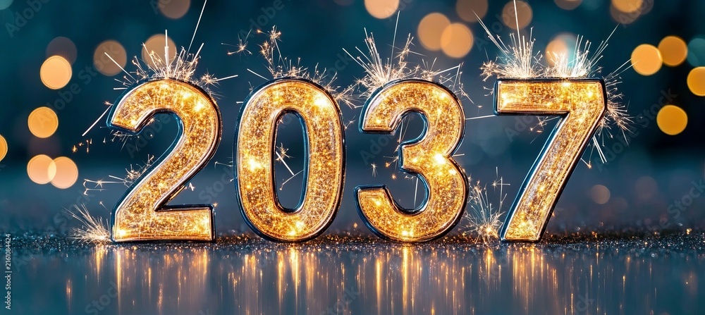 Naklejka premium A Gold Numbers 2037 Placed On Surface Filled With Sparklers And Shimmering Defocused Bokeh Backdrop