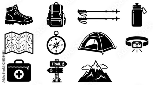 Hiking and camping icon set in a flat black silhouette style including boots, backpack, trekking poles, map, compass, tent, headlamp, first aid kit, trail signs and mountain.