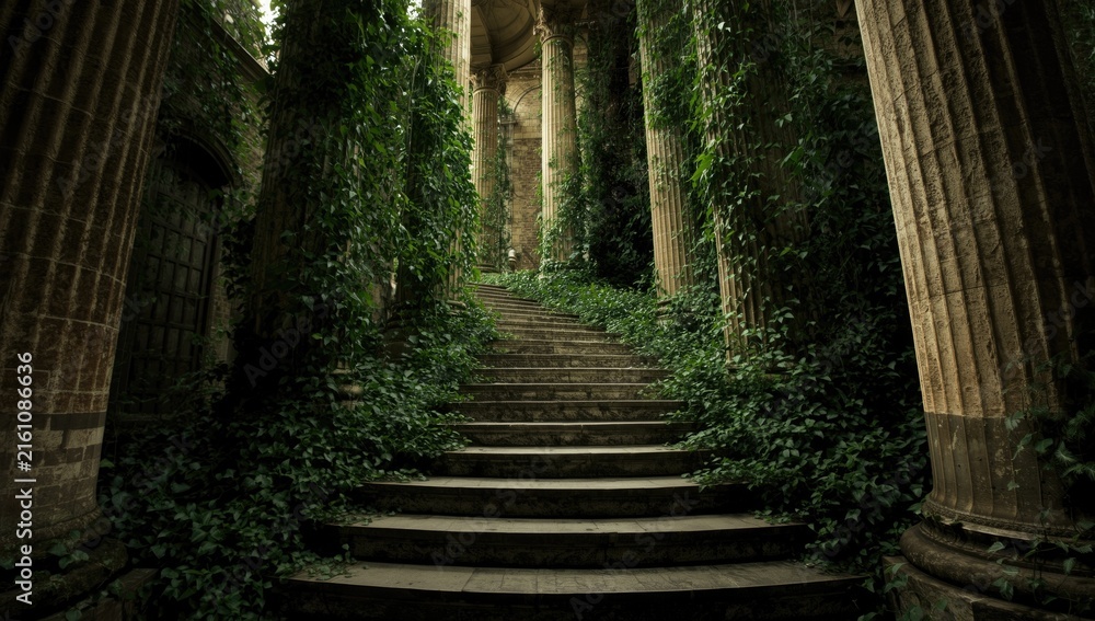 Fototapeta premium Overgrown Stone Staircase Surrounded by Ivy and Ancient Columns in Dim Light