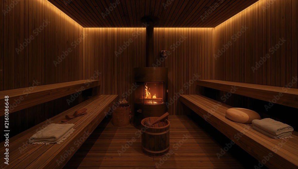 Fototapeta premium Cozy Sauna Interior with Wooden Benches and Flickering Fireplace Light