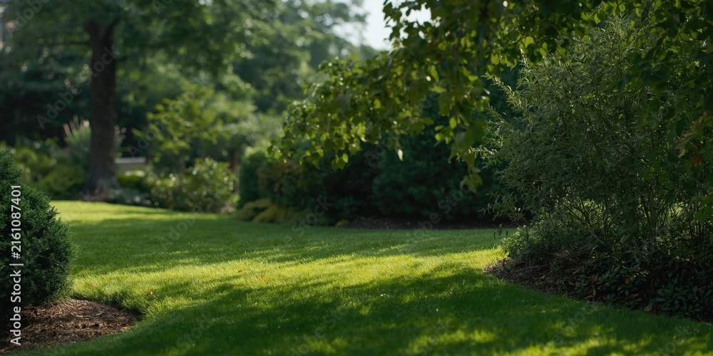 Fototapeta premium Lush Green Garden Pathway Curving Through Trees on a Sunny Day