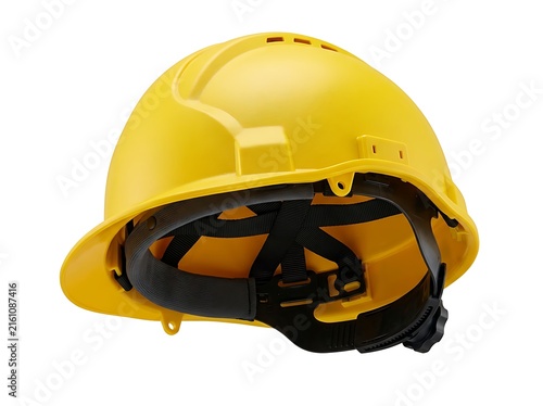 Yellow hard hat with black chin strap isolated on white background