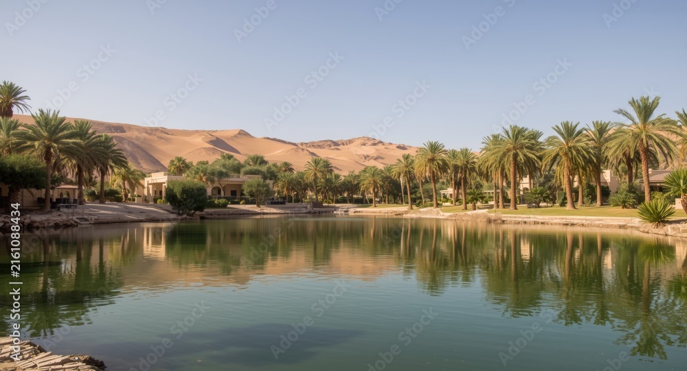 Fototapeta premium Lush Palm Trees Surrounding a Tranquil Oasis with Desert Dunes in Bright Sunlight