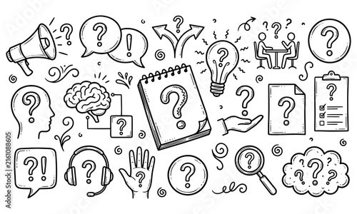 Black and white doodle collection featuring question marks notepad megaphone lightbulb brain speech bubbles icons representing business ideas problem solving frequently asked questions