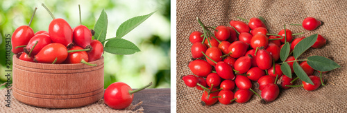 фотографія Fresh rosehip berries in a wooden bowl on the board with burlap and blurred back