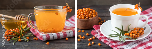 Obraz na plátně Tea of sea-buckthorn berries with honey and a branch on wooden background