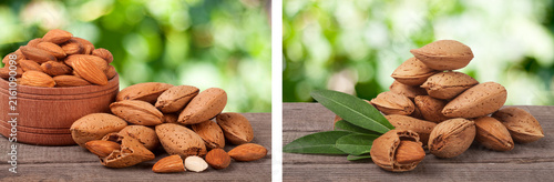 Картината върху платно almonds in a bowl on the old wooden board with blurred garden background