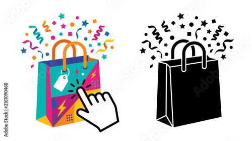 Colorful shopping bag with confetti and hand cursor vector illustration