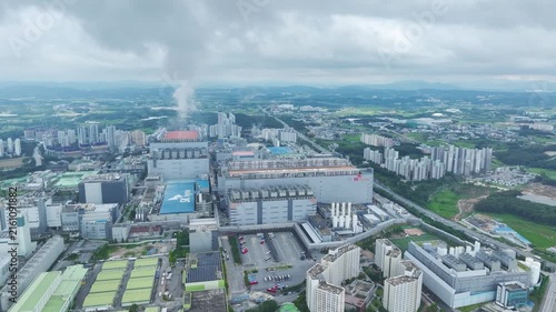 Aerial Drone View of Advanced Semiconductor Chip Manufacturing Plant and Industrial Complex in Icheon, South Korea