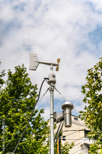 Obraz na plátně Weather station sensor mast with anemometer and meteorological equipment outdoor