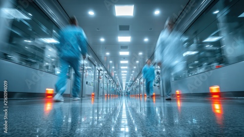 Doctors walking down a hallway in a hospital with lights on