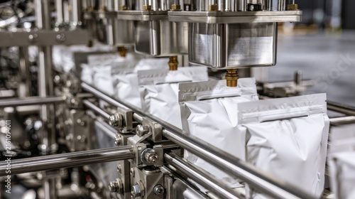 Automated packaging line with sealed white pouches on conveyor belt