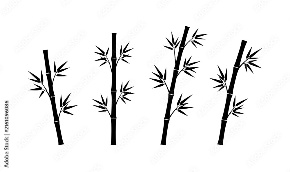 Obraz premium Black Bamboo Stalk and Leaf Silhouette Icon Set with Asian Botanical Stems for Nature Backgrounds, Zen Spa Logos, and Minimalist Designs