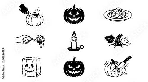 A spooky and delightful collection of vintage style halloween icons including grinning pumpkins eerie candles and ghostly elements perfect for crafting festive decorations and seasonal