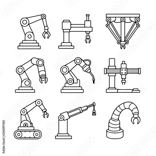 A collection of various industrial robotic arm icons is displayed in a grid layout.