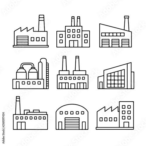 A set of nine black and white line art icons depicting various industrial factory.