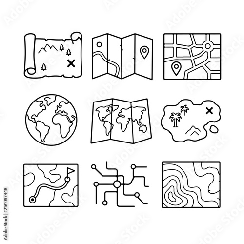 A collection of nine simple hand-drawn line art icons depicting various types of maps.
