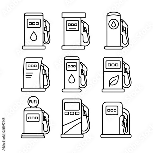 A set of nine black and white line art icons depicting various gas station fuel pumps.