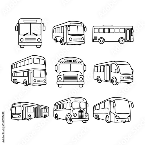 A collection of simple line art illustrations depicts various types of public buses.