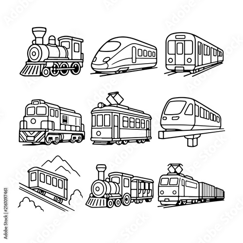 A set of various train and locomotive line art illustrations arranged in a grid.
