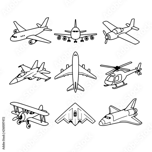 A collection of various aircraft line art icons are displayed in a grid on a white.