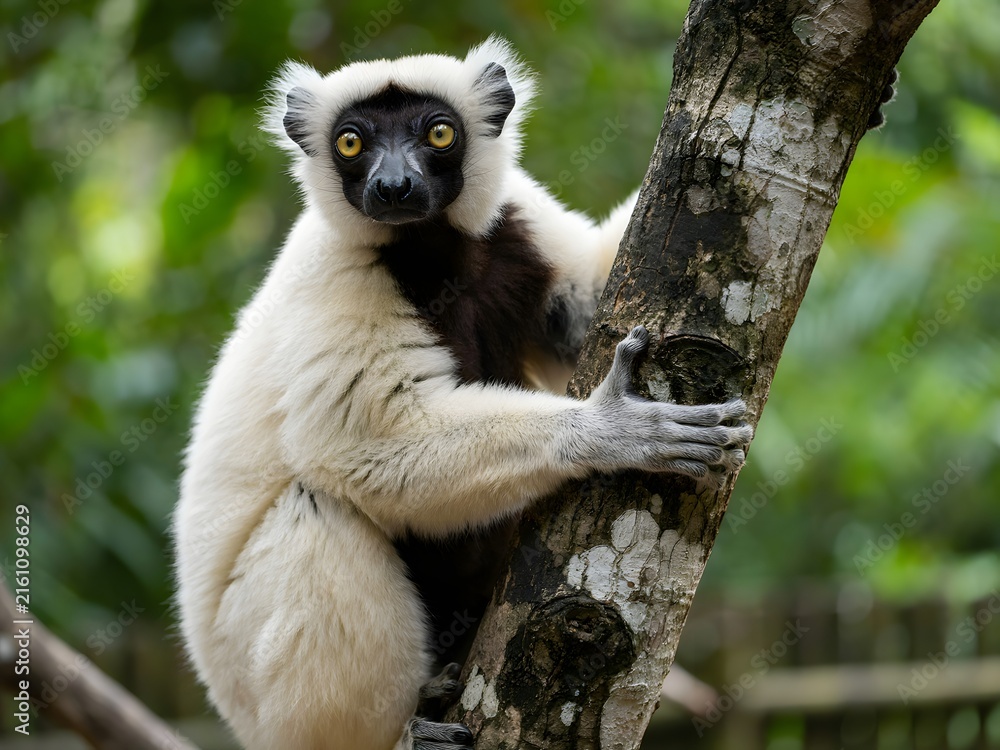 Naklejka premium Lemur clinging to tree branch in lush green rainforest with natural sunlight