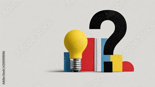 Modern collage art with a yellow lightbulb and bold question mark. Abstract geometric shapes and playful textures convey inspiration and creative problem-solving.