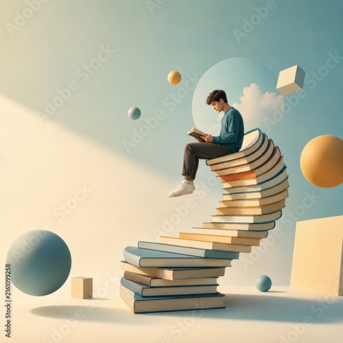 Young Reader Sitting on Surreal Sculptural Stack of Books