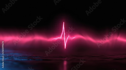 Plakat Neon pulse line on dark, smoky, reflective surface with cool lighting
