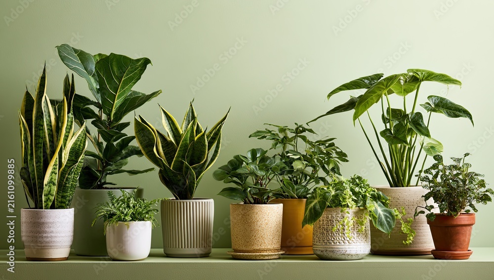 Fototapeta premium A collection of various potted houseplants on a shelf