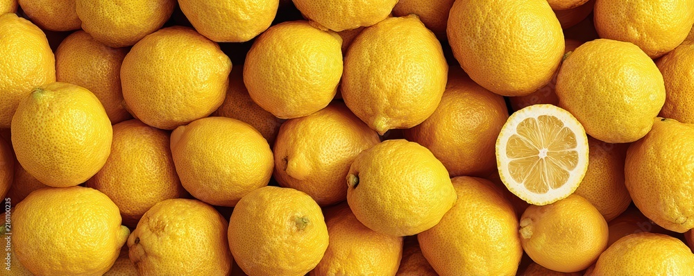 Fototapeta premium Panoramic close-up of vibrant lemons with alternating whole and sliced fruits. Bright citrus texture and juicy pulp shine in this high-end commercial food composition.