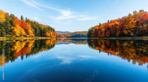Photo of a tranquil lake reflecting a vibrant autumn forest, trees ablaze with reds, oranges, and yellows, clear blue sky with scattered clouds above