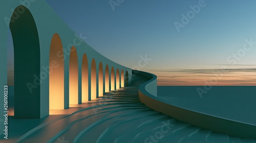 Serene arcway with glowing arches curves into tranquil sunset