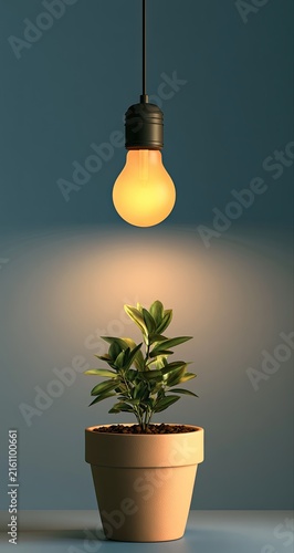 A potted plant bathed in the warm glow of a hanging lightbulb