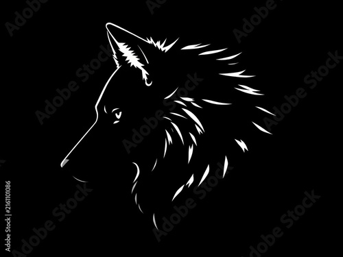 Wolf head silhouette with black fur and white highlights, simple yet powerful, isolated, shape