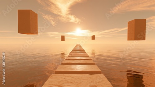 Surreal pathway across rippling water toward a glowing sun