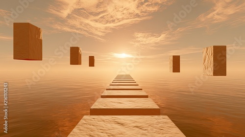 Surreal path of stepping stones floats on water beneath an orange sky