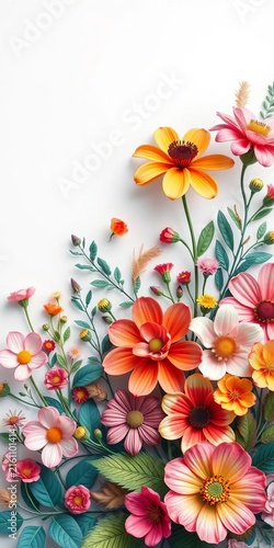 Whimsical floral design featuring colorful blooms and foliage, vector file, delicate