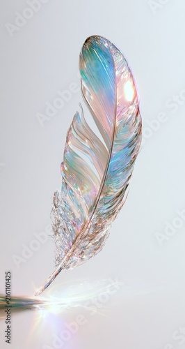 Iridescent crystal feather suspended in light, casting colorful reflections on a surface