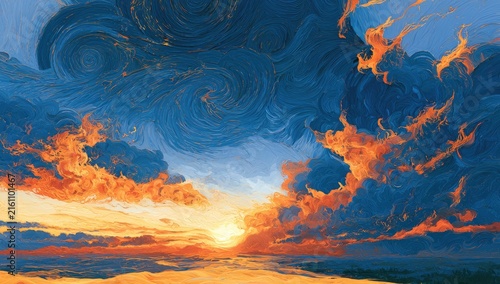 Vibrant clouds ablaze with sunrise hues under swirling sky