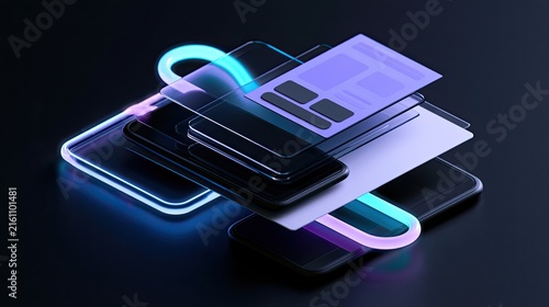 Futuristic digital interface layered on glowing devices, modern tech