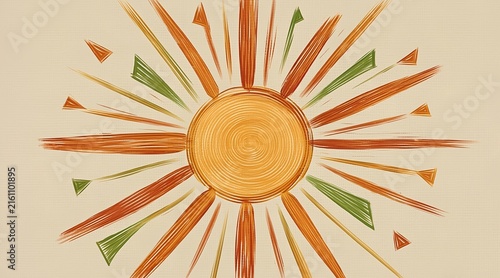 Hand-drawn sun illustration with abstract rays in warm earthy tones on a light background