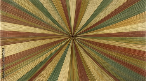 Abstract sunburst background with radial rays in muted earthy tones of green, brown, and beige, creating a retro starburst pattern