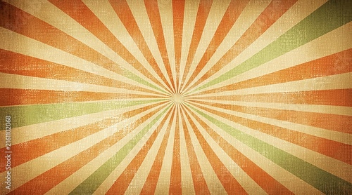 Retro Sunburst Rays Background Design with Vintage Grunge Texture and Orange Green Color Palette