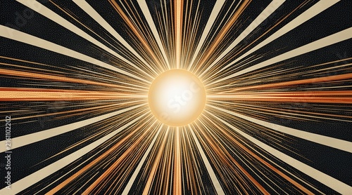 Golden sunburst with radiating light beams and glowing center on dark background